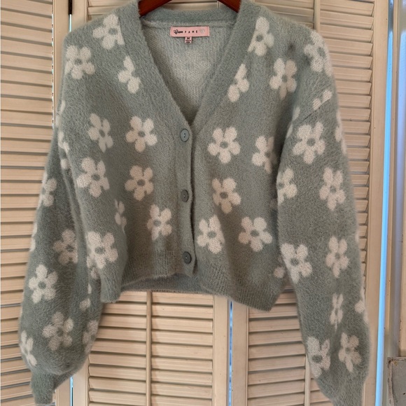 Sweaters - Floral Patterned Cardigan Sweater - Green and White